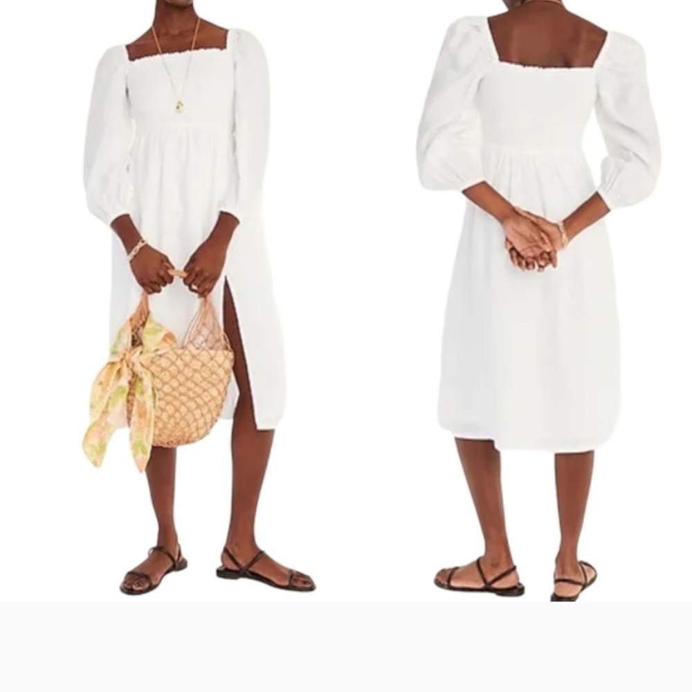 J. Crew White Smocked Midi Dress 100% Linen
